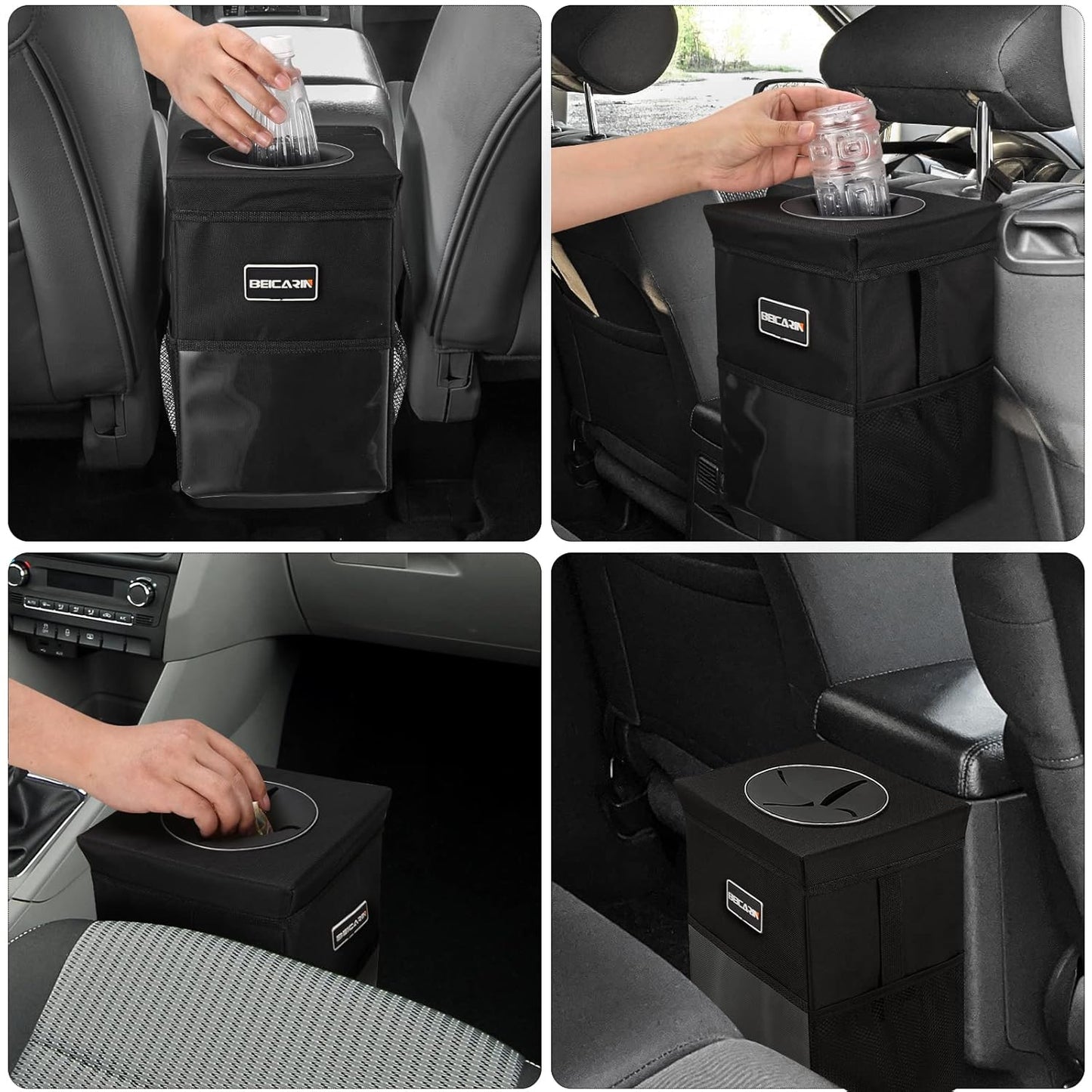 Car Trash Can with Lid - Leak-Proof Portable Organizer with Storage Pockets, 2.6 Gallon Capacity for SUVs and Vans