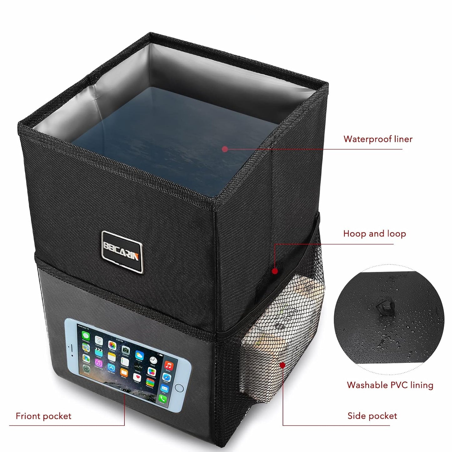 Car Trash Can with Lid - Leak-Proof Portable Organizer with Storage Pockets, 2.6 Gallon Capacity for SUVs and Vans