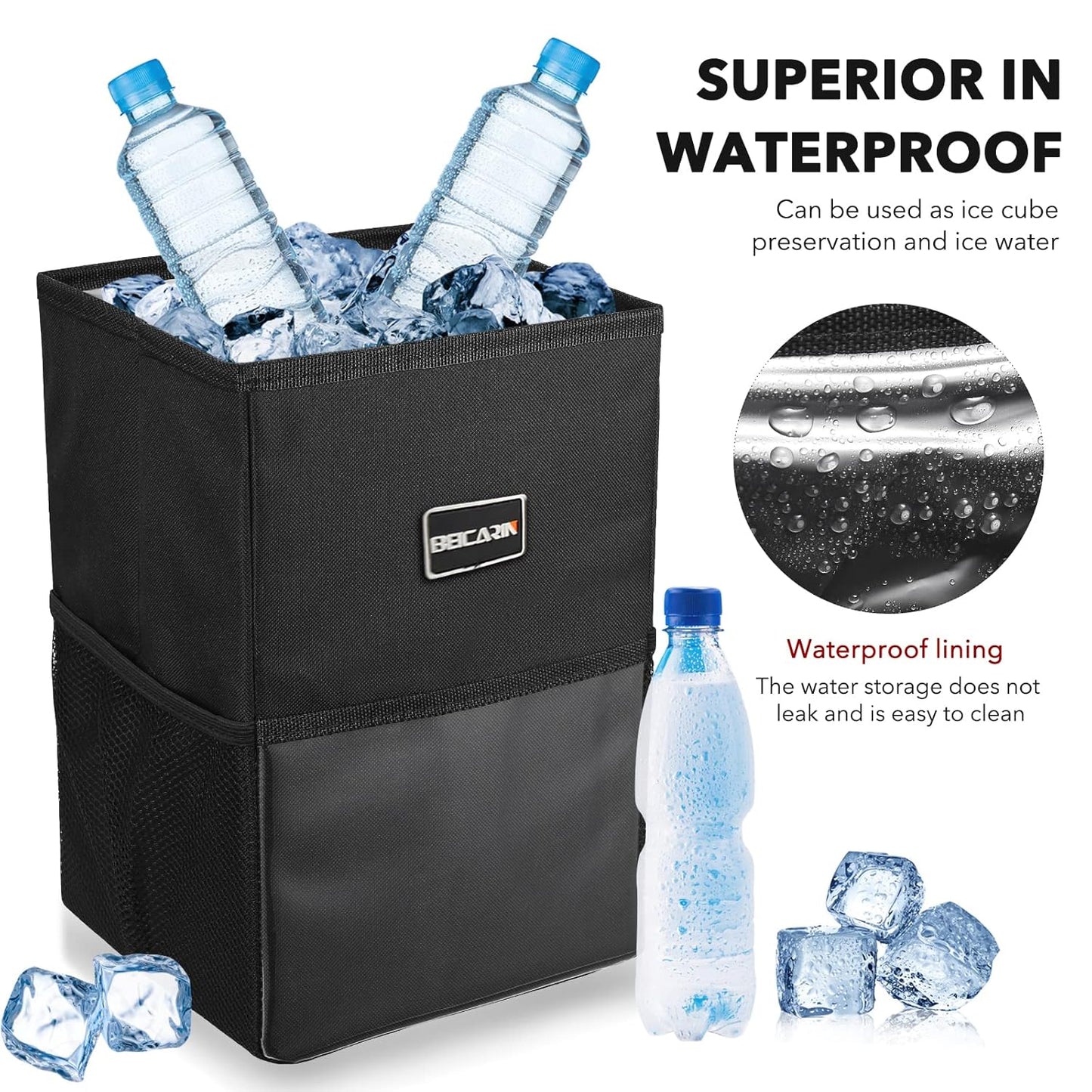 Car Trash Can with Lid - Leak-Proof Portable Organizer with Storage Pockets, 2.6 Gallon Capacity for SUVs and Vans
