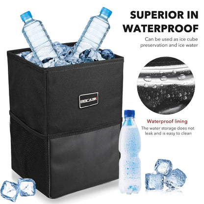 Car Trash Can with Lid - Leak-Proof Portable Organizer with Storage Pockets, 2.6 Gallon Capacity for SUVs and Vans