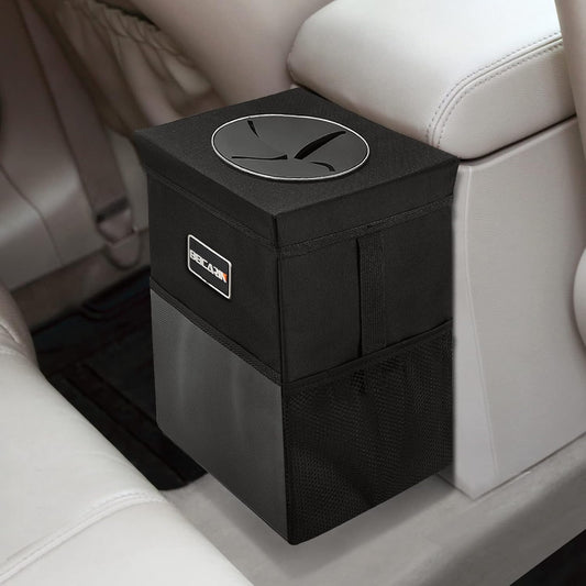 Car Trash Can with Lid - Leak-Proof Portable Organizer with Storage Pockets, 2.6 Gallon Capacity for SUVs and Vans