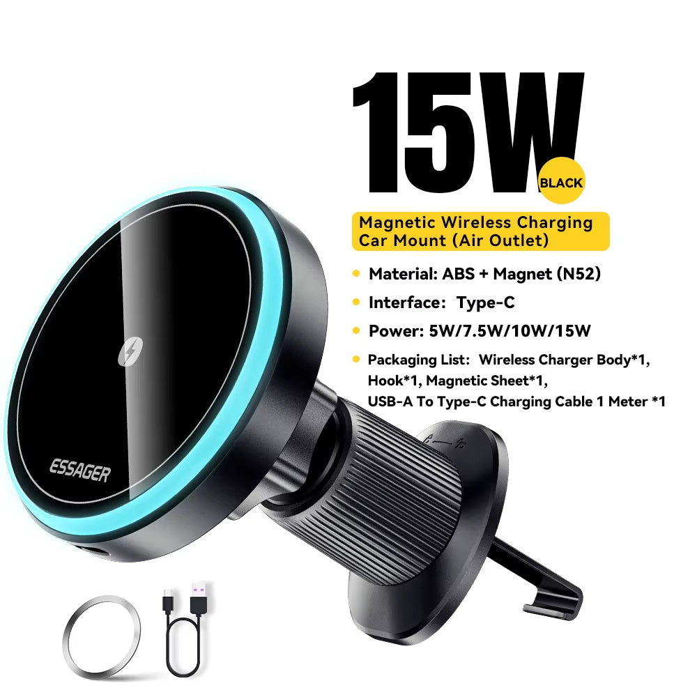 Magnetic Wireless Car Phone Charger with 15W RGB Fast Charging Mount for iPhone 15/14/13 and Android Devices