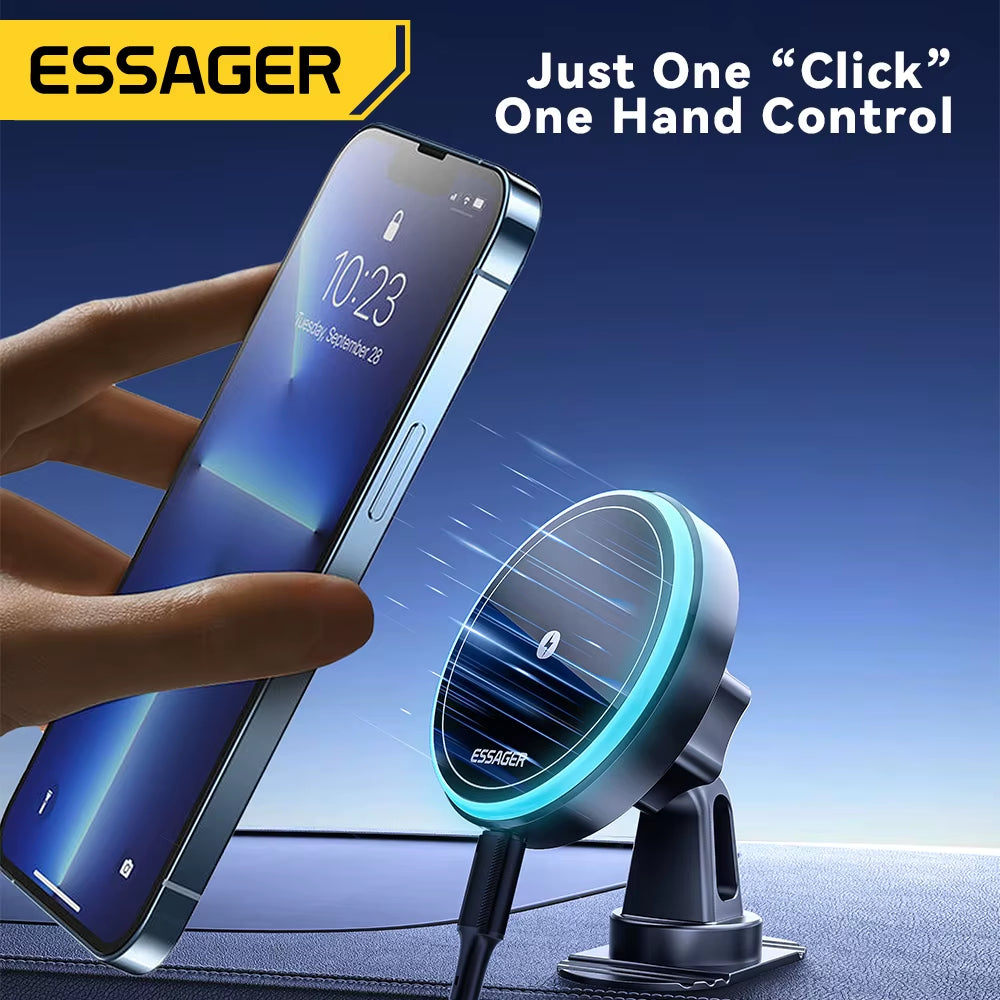 Magnetic Wireless Car Phone Charger with 15W RGB Fast Charging Mount for iPhone 15/14/13 and Android Devices