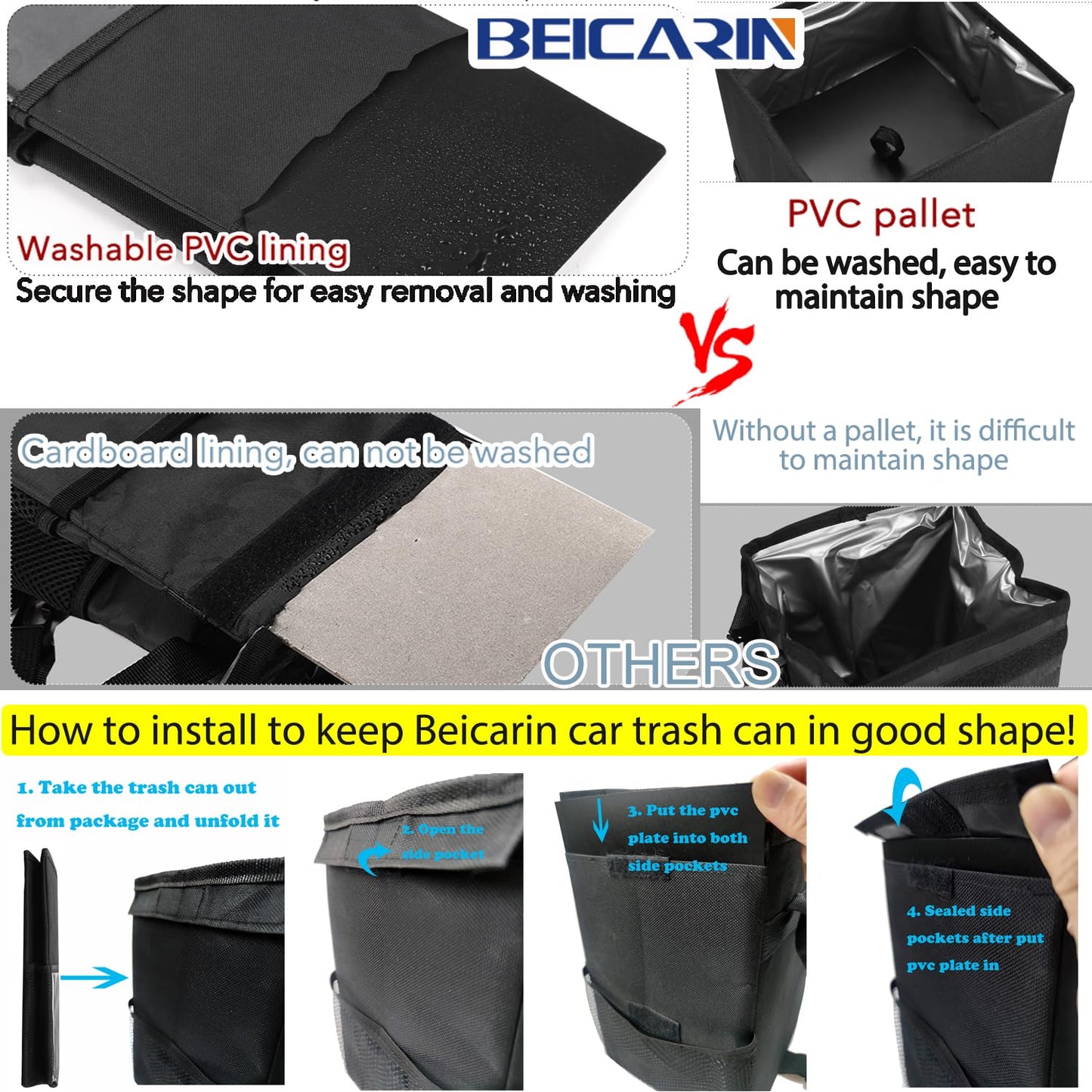 Car Trash Can with Lid - Leak-Proof Portable Organizer with Storage Pockets, 2.6 Gallon Capacity for SUVs and Vans