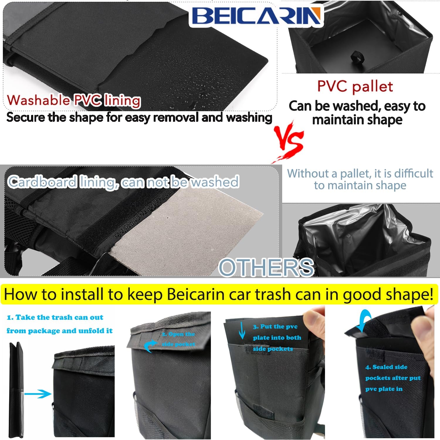 Car Trash Can with Lid - Leak-Proof Portable Organizer with Storage Pockets, 2.6 Gallon Capacity for SUVs and Vans