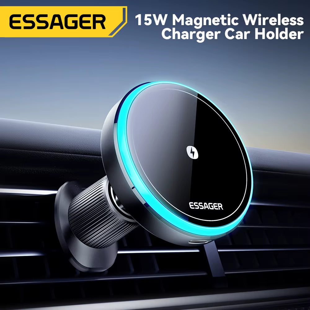 Magnetic Wireless Car Phone Charger with 15W RGB Fast Charging Mount for iPhone 15/14/13 and Android Devices