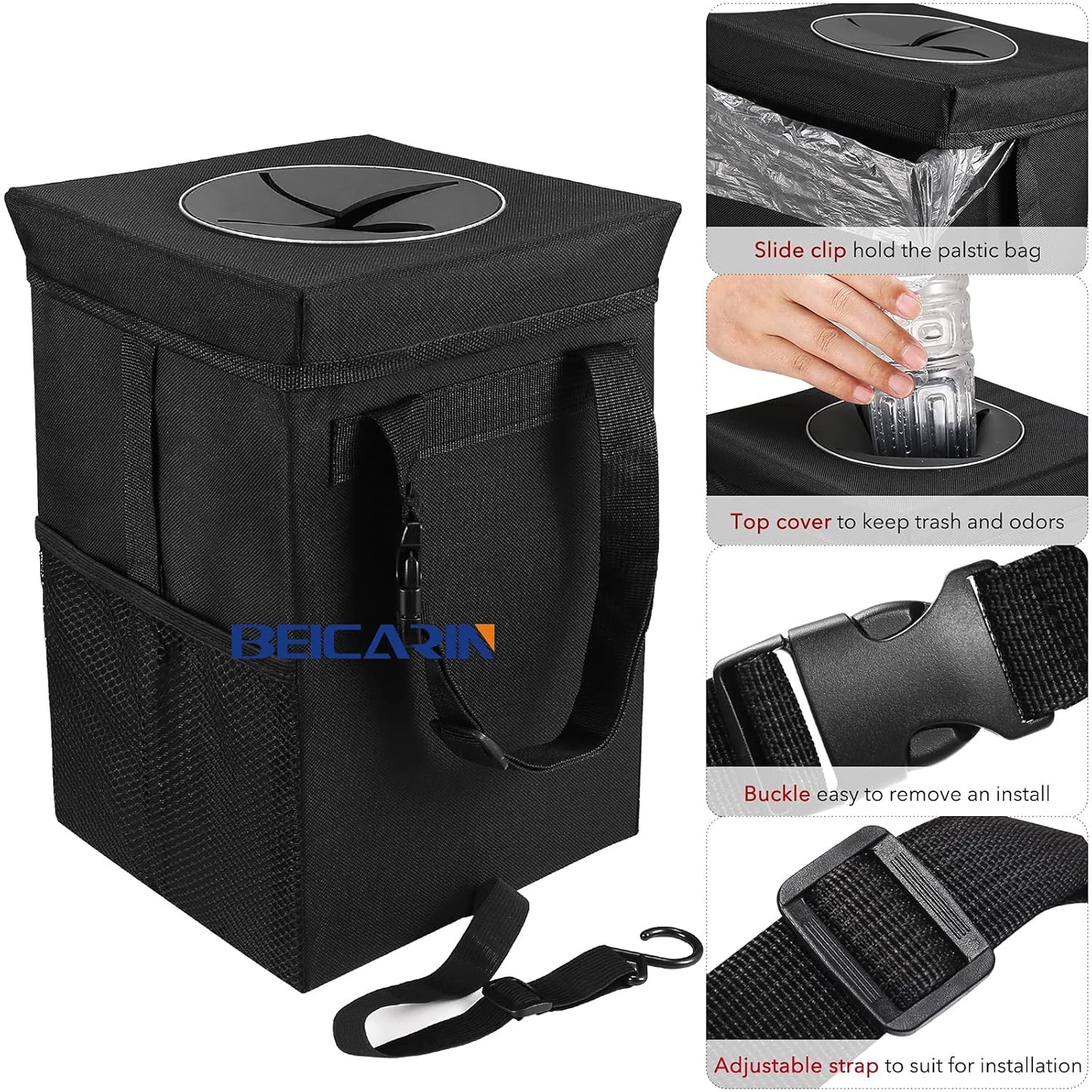 Car Trash Can with Lid - Leak-Proof Portable Organizer with Storage Pockets, 2.6 Gallon Capacity for SUVs and Vans