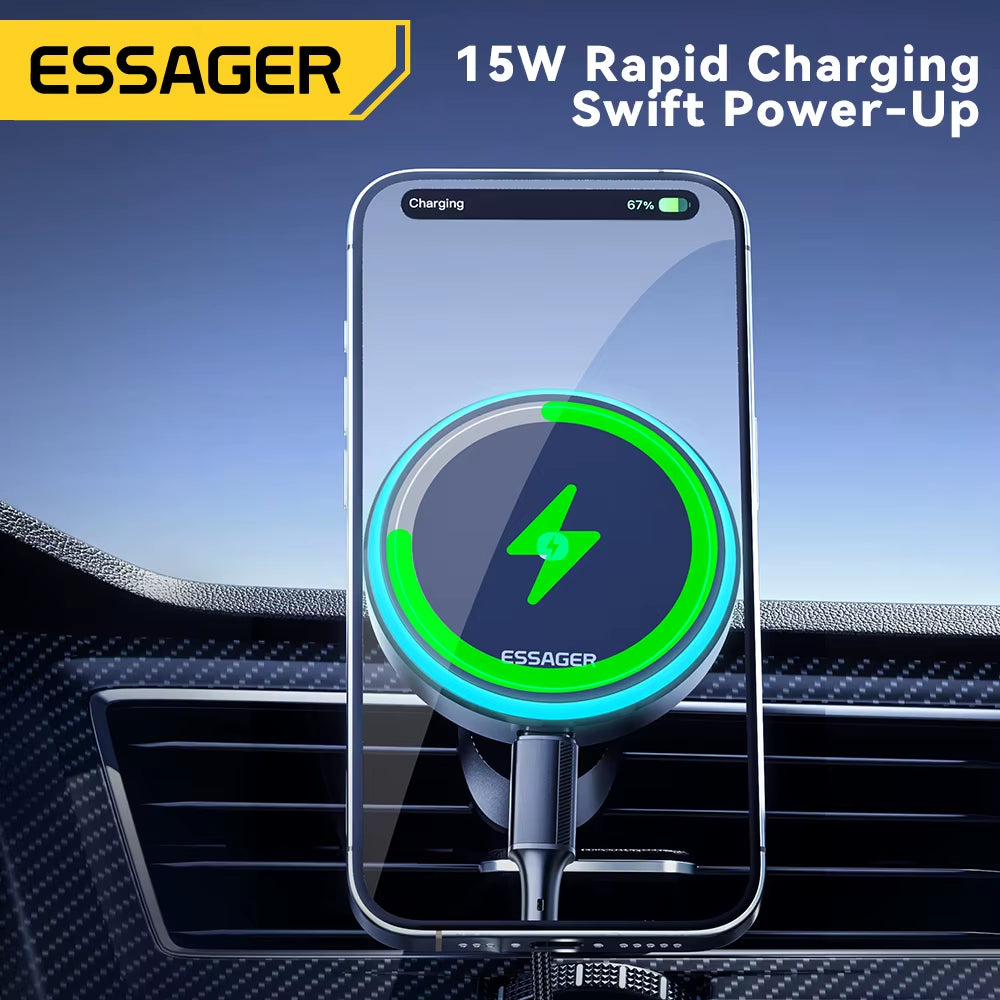Magnetic Wireless Car Phone Charger with 15W RGB Fast Charging Mount for iPhone 15/14/13 and Android Devices