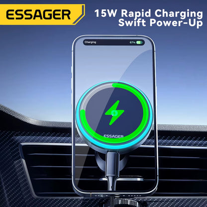 Magnetic Wireless Car Phone Charger with 15W RGB Fast Charging Mount for iPhone 15/14/13 and Android Devices