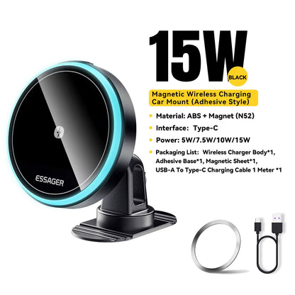 Magnetic Wireless Car Phone Charger with 15W RGB Fast Charging Mount for iPhone 15/14/13 and Android Devices