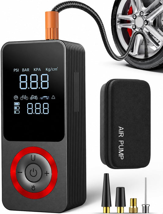 Portable Tire Inflator and Air Compressor with Rapid Inflation, Automatic Shut-Off, LED Light, Type-C Charging, Extended Runtime, 12V Car Adapter, and Storage Case