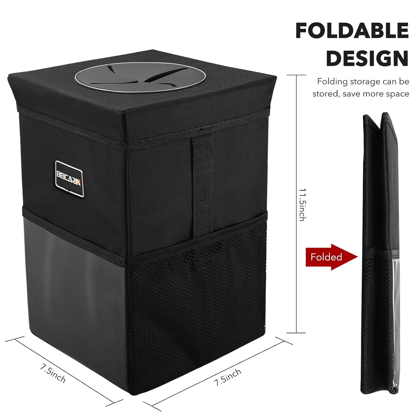 Car Trash Can with Lid - Leak-Proof Portable Organizer with Storage Pockets, 2.6 Gallon Capacity for SUVs and Vans